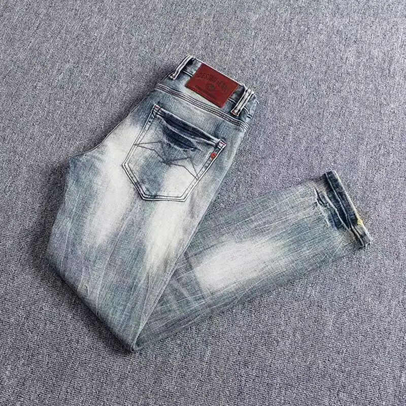 Newly Desigenr Fashion Men Jeans High Quality Retro Washed Blue Stretch Slim Fit Ripped Jeans Men Vintage Denim Pants Hombre
