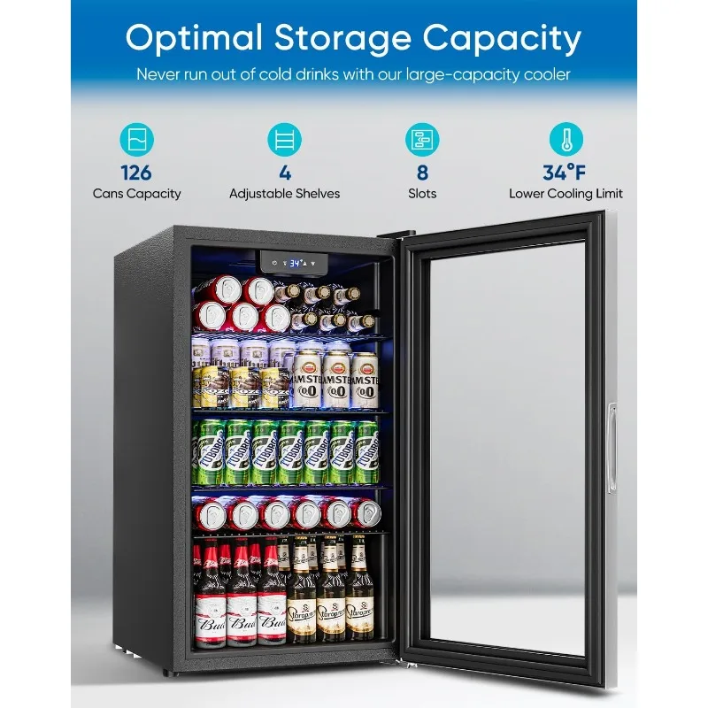 Beverage Refrigerator Cooler - 126 Can Mini Fridge Glass Door for Drinks Soda Beer Wine - Small Refrigerator for Office Bedroom