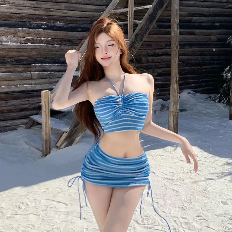 Sexy Blue Striped Tee-Piece Bikini Set with Chest Pad Vaion Swimwear for Women Strapl Bandage Skirted Bikini e