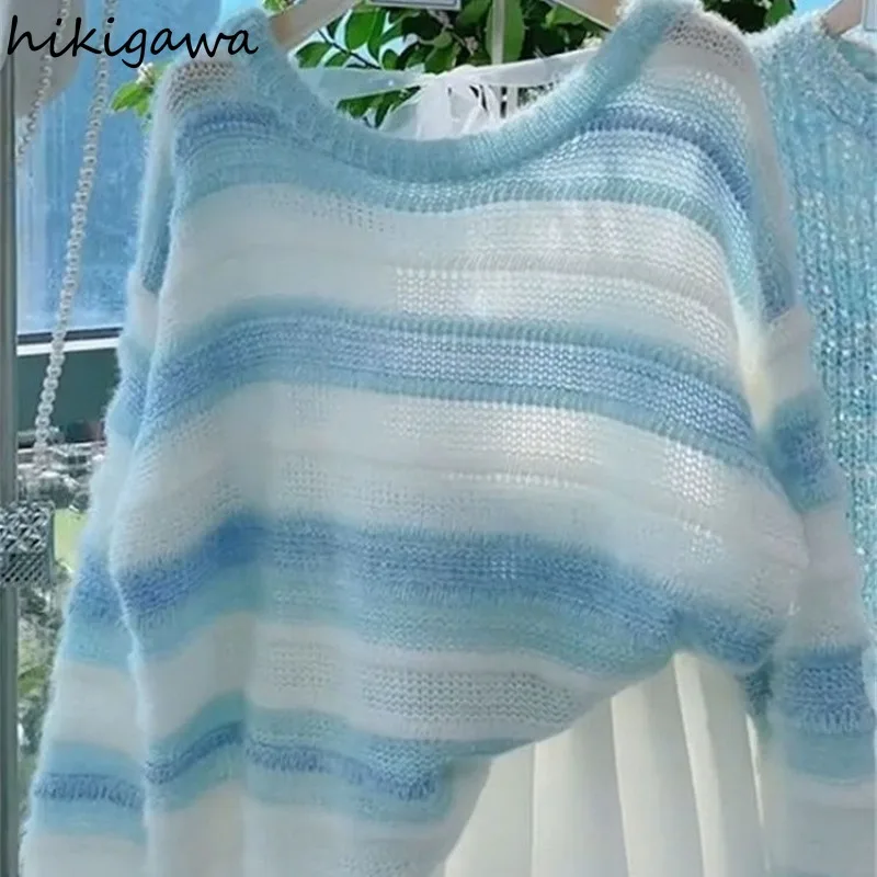

Women's Clothing Knitwear Pullovers Pull Femme Fashion Striped Casual Sueter Mujer O-neck Bandage Loose Knitted Sweater Tops