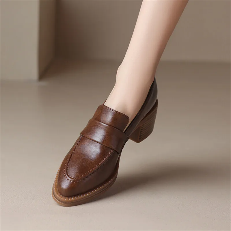 New Autumn Winter Short Plush Split Leather Loafers Pointed Toe Chunky Heel Women Pumps Shoes for Women Concise Ladies Shoes