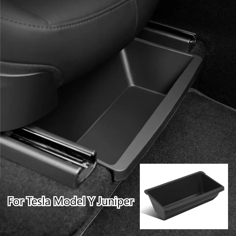 For Tesla Model Y Juniper 2025 Front Under Seat Storage Box Organizer Underseat Hidden Store Space Bins Chair Tray Accessories