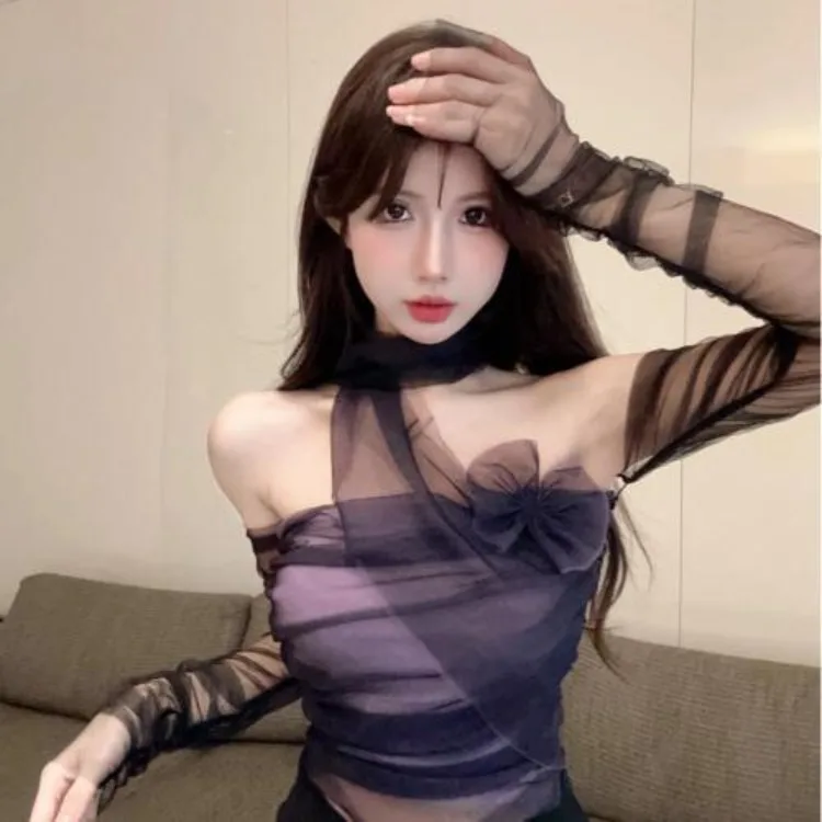 Purple Gauze Strapless Sexy T-shirt for Women 2025 Summer New Off Shoulder Tops Mujer Y2k Grunge Slim Fit Bottoming Tee Shirt