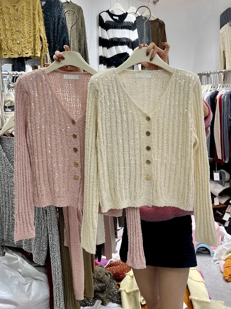 

Spring Autumn Ladies Knitted Cardigan Women's Fashion Sequin Long Sleeve Loose V-Neck Buckle Sweater Coat Solid Color Top