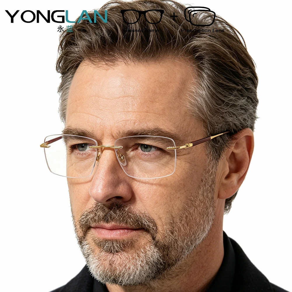 

YONGLAN Sandalwood Titanium Rimless Eyeglasses Men Prescription Glasses Myopia Hyperopia Reading Eyewear Customized Progressive