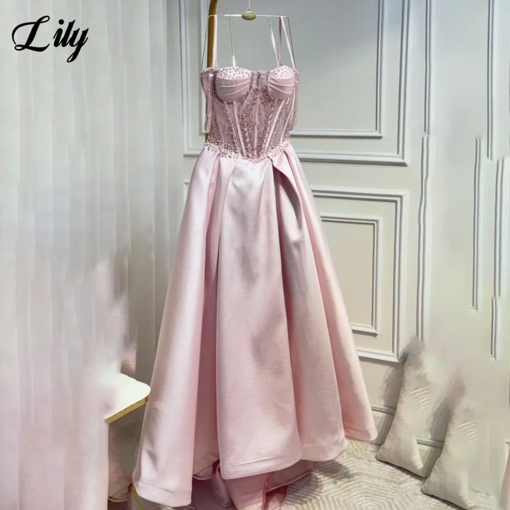 Розовое вечернее платье с лилией и блестками, платье для выпускного вечера со складками и бисером, свадебные платья, корсет сзади, халаты для вечеринок по индивидуальному заказу