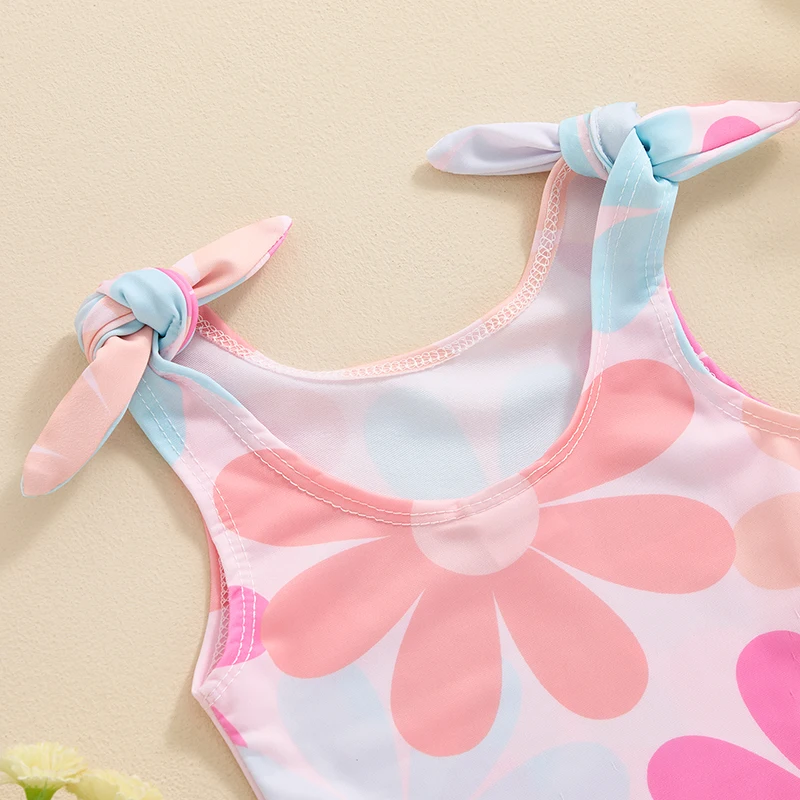 3M-24M Cute Baby Girl Swimsuit With Floral Print  Sleeveless  Knotted Shoulder Strap  U-Neck Floral Print Swimsuit