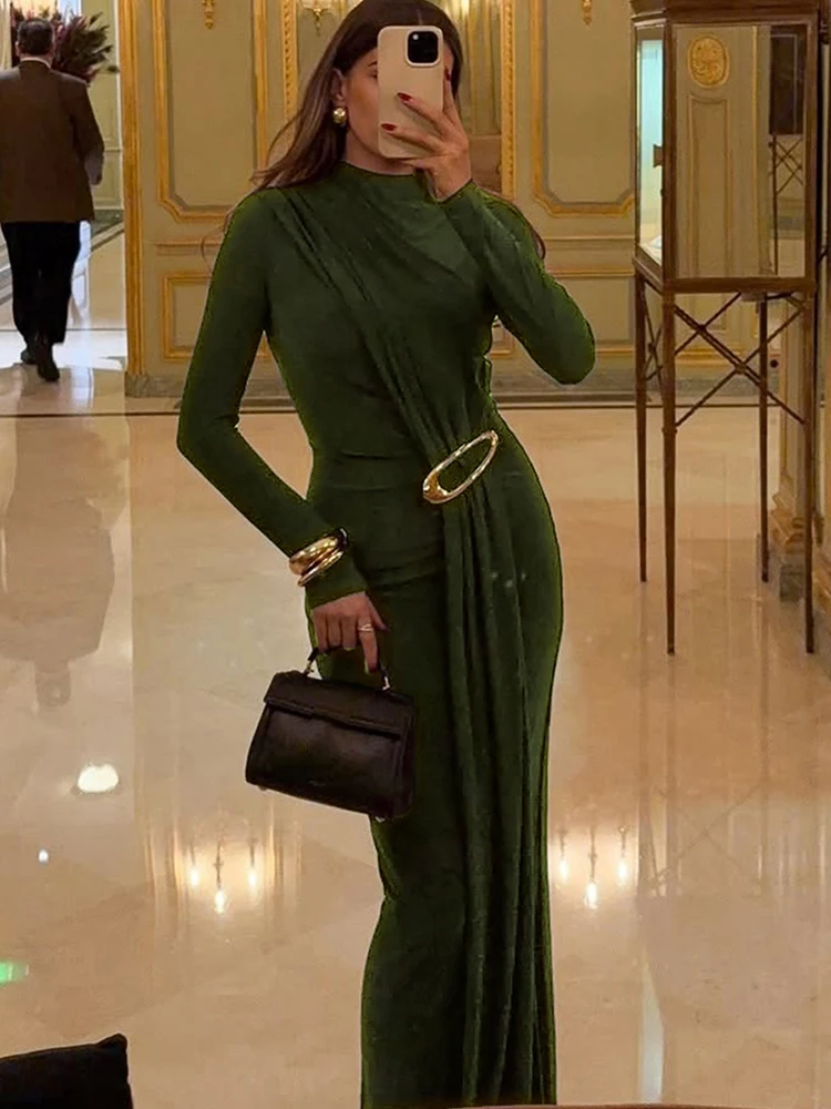 Kliou Ruched Elegant Long Dresses Woman o-Neck Full Sleeve Metal Trim Ribbon Decoration Gown Robe Prom Party Classic Vestidos