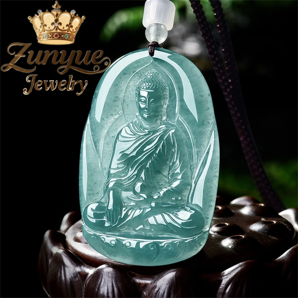 

Natural A-grade Blue Water Jadeite Amitabha Buddha Pendant Hand-Carved Ice Jade High-end Fashion Charms Fine Jewelry Gift