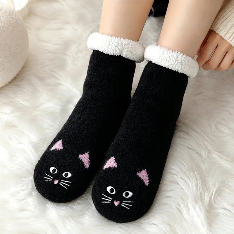 Women Men Winter Slipper Soft Socks Cute Cat Pattern Faux Fur Anti Slip Gripper Thick Warm Cozy Indoor Home Floor Sleeping Socks
