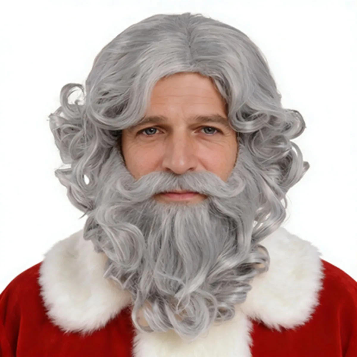 

Synthetic Classic Grey Santa Claus Wig Beard Set Short Curly Older Men Wigs Christmas Cosplay Costume Daily Party Heat Resistant