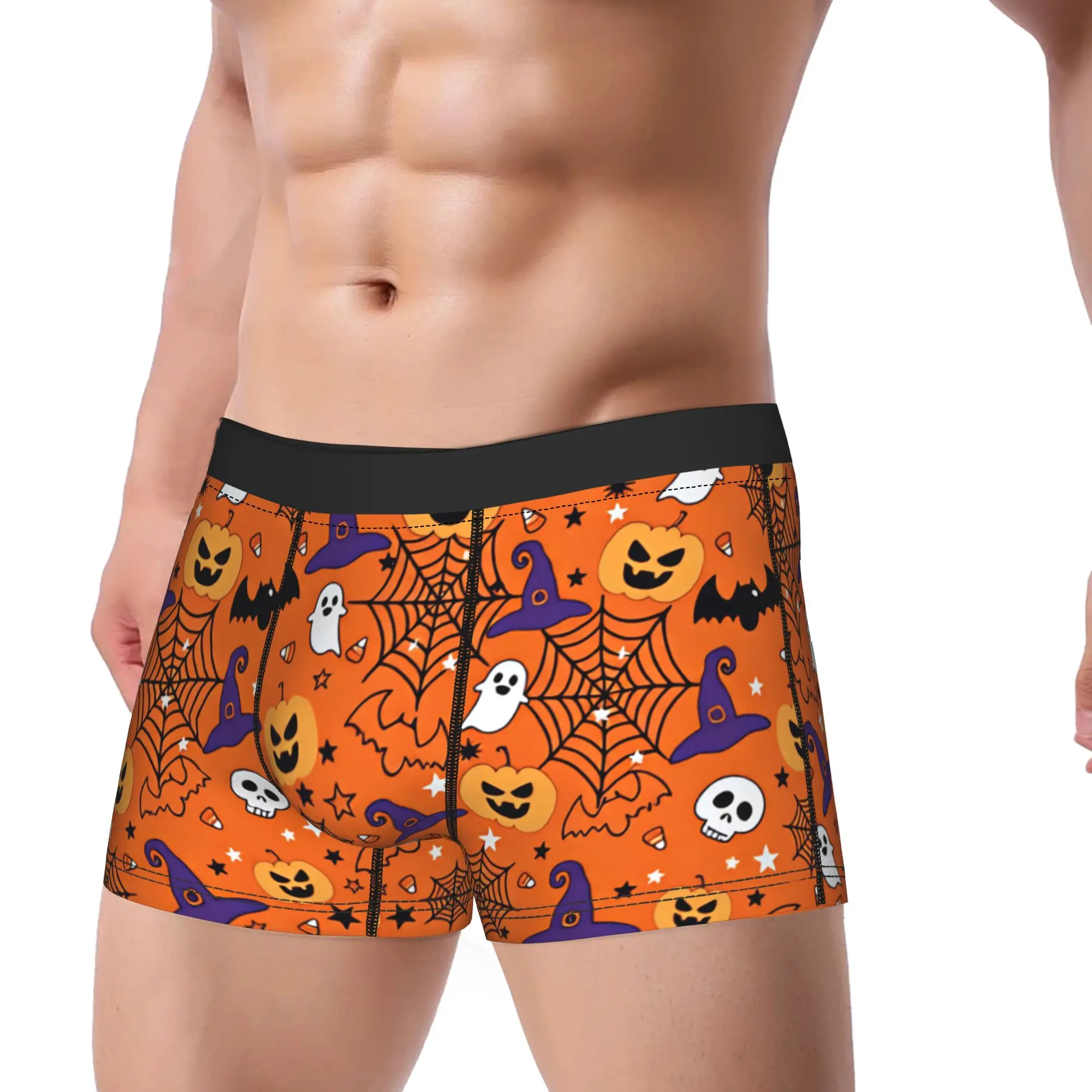 Halloween Pumpkin Ghost Witch Hat Skull Spider Web Seamless Pattern Boxer Brief Underwear Hot Sale Males Soft Trend Boxer Shorts