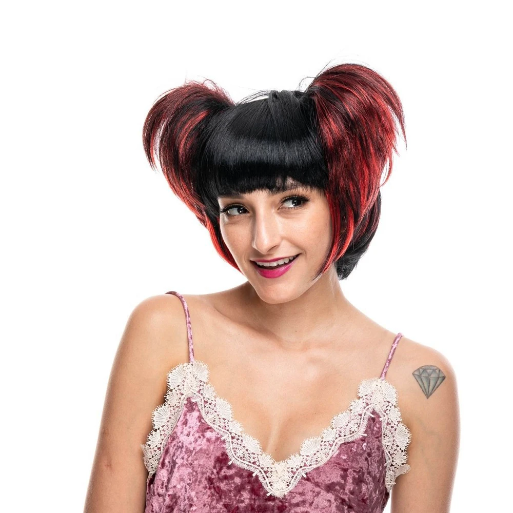 

Black and Red Highlights Anime Character Cosplay Wig Straight Bangs Daily Wear 8inch Button Net High-temperature Silk Woman Wig