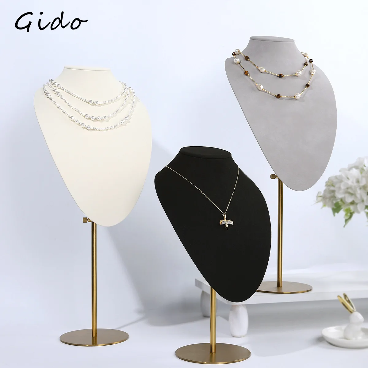 Adjustable PU Leather Necklace Display Bust Stand Mannequin Jewelry Neck Pendant Holder for Retail Store Counter Showcase