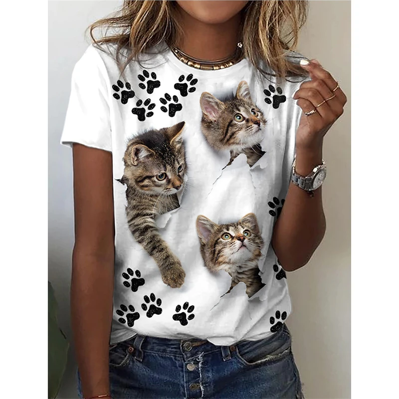 3D Kawaii Cat Printed Pretty Women's Clothing Female Funny Animal Print Short Sleeve T Shirt Girls Harujuku Oversized Tees Tops
