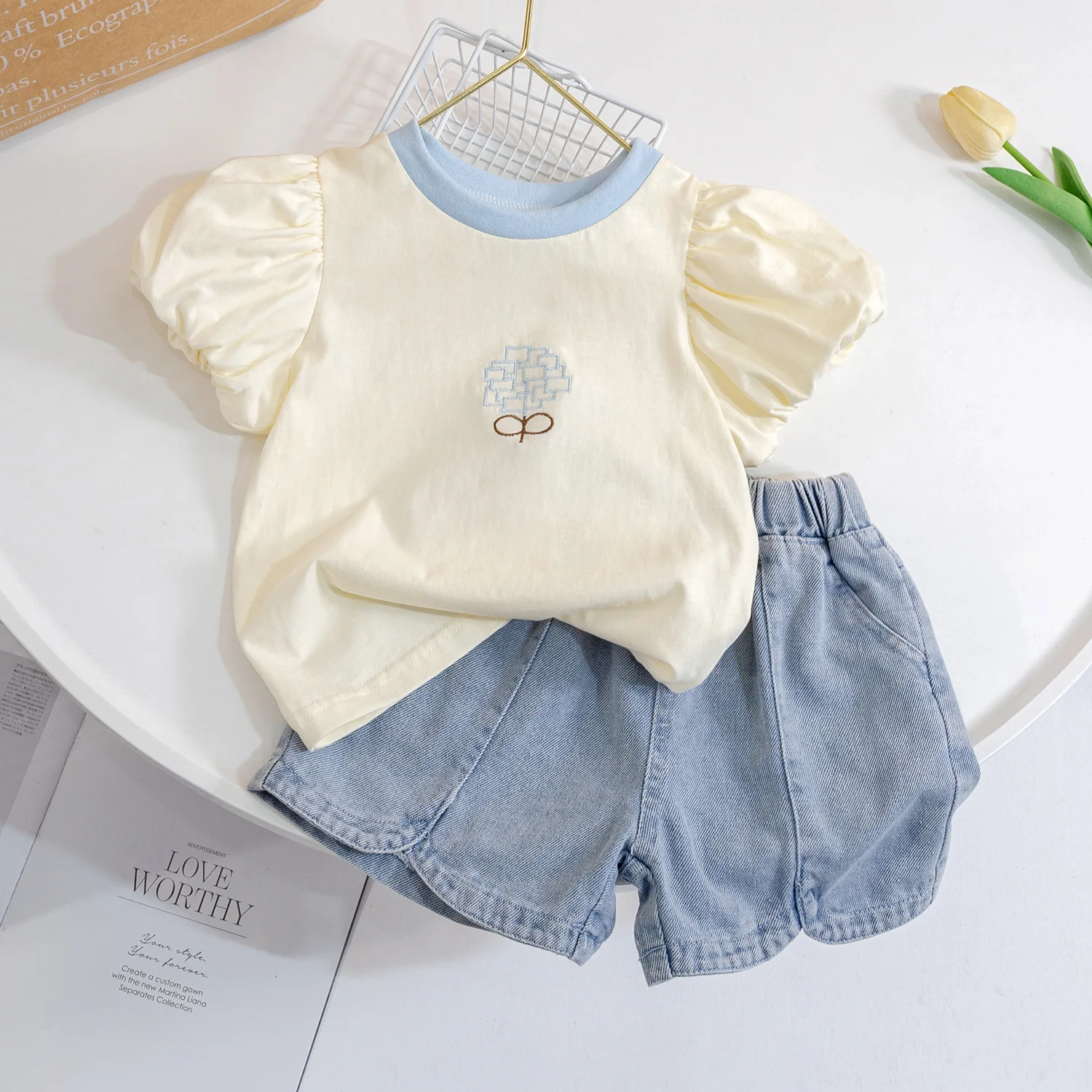 

Childrens Sets Clothing Girls Korean Summer New Simplicity Versatile Cowboy Shorts Children Two Piece Set Tide 2024 Pleated