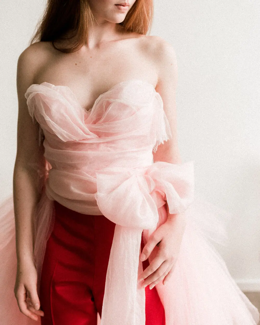 Pretty Blush Pink Women Top With Cute Bow Floor Length Tier Upon Tier Layered Tulle Long Women Bridal Top Blouse Lace Up Back