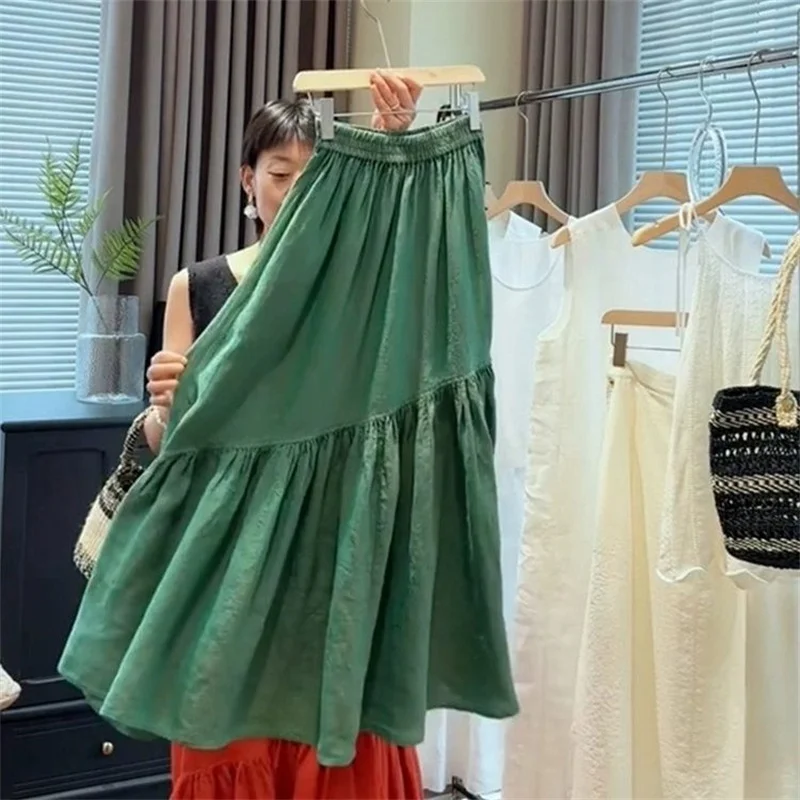 

Green Patchwork Women Midi Skirt High Waist A-Line Big Swing Dresses Mint Mambo Style Cotton Linen Vestidos Soft