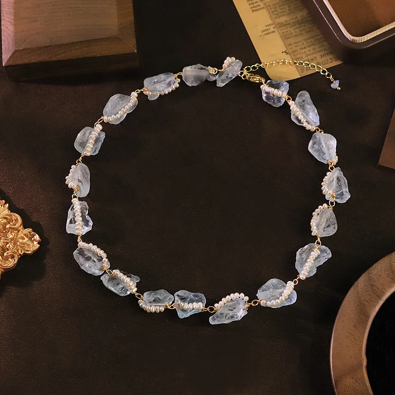 Women Elegant Clavicle Chain Natural Aquamarine Ocean Stone Pearl Combined Necklace Versatile Daily Wear Neck Decoration