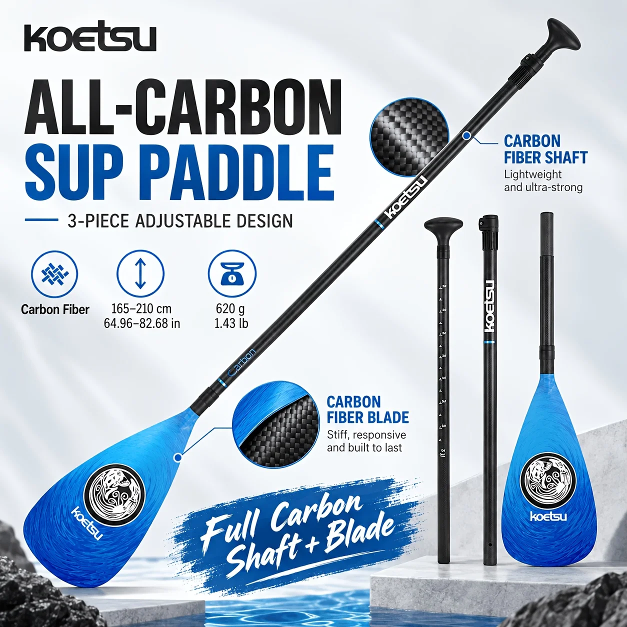 KOETSU KQ Color All-Carbon 3-Section SUP Propeller, with a detachable all-carbon fiber shaft and blades.