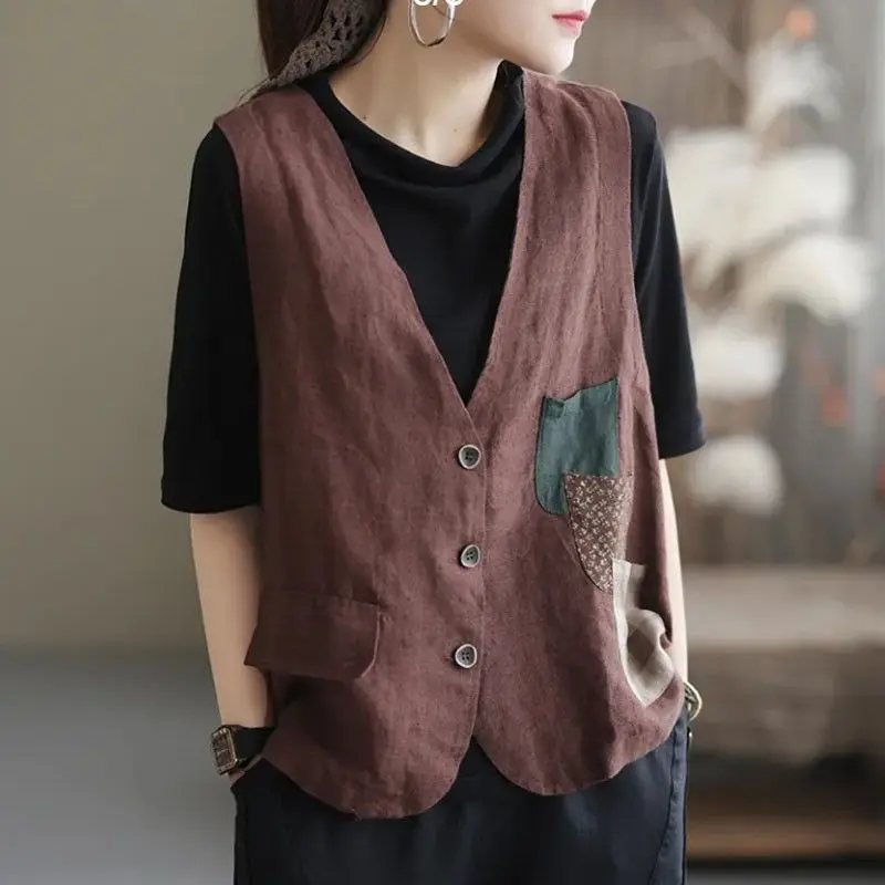 Patch Color Contrast Multi Pocket Patchwork Vest Stylish Retro Fashion 2025 Summer Casual Loose Jacket Women Waistcoat Top