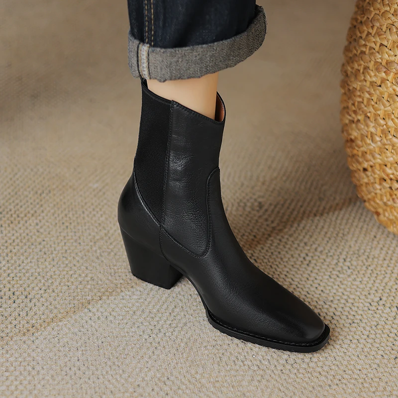 2024 New Basic Retro Women Ankle Boots Genuine Leather Autumn Winter Thick High Heels Square Toe Shoes Woman Office Lady Mature