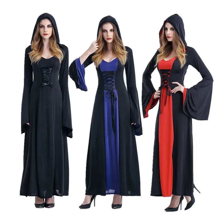 

Renaissance Gothic Vampire Witch Costume Adult Fantasia Halloween Witch Hooded Fancy Party Masquerade Long Dress