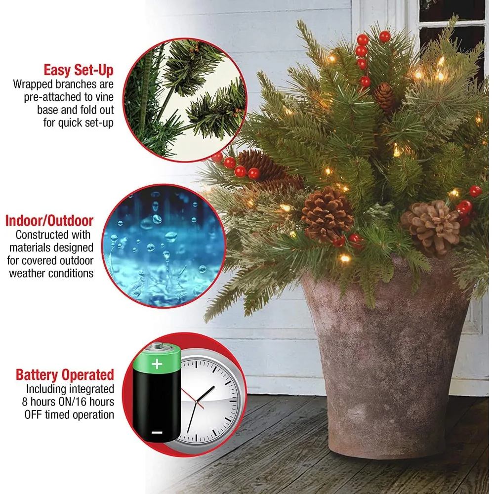 Company Pre-lit Artificial Christmas Tree Feel Real Urn Filler | Flocked with Mixed Decorations Strung LED Lights