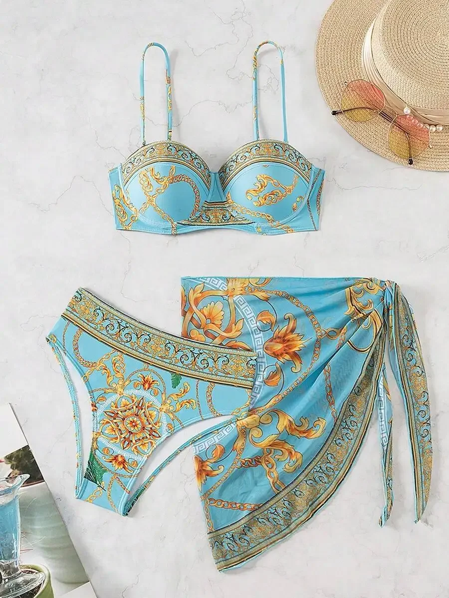 Womens Summer Beach Printed Chain Bikini Set With Cover Up Skirt