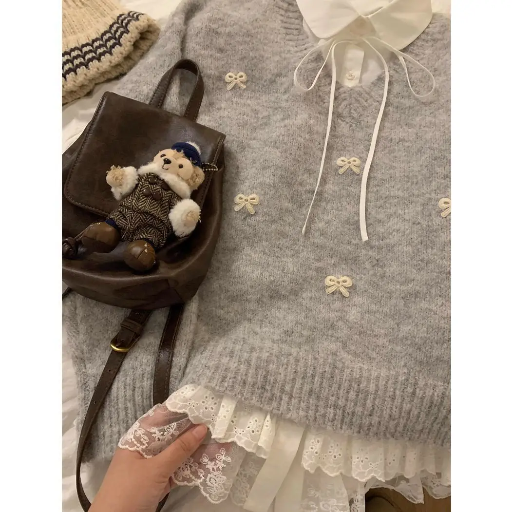 Maglieria da donna Soft Ey V-Ne Autunno Inverno Vestibilità ampia Comodo maglione con nodo Dolce top giapponese