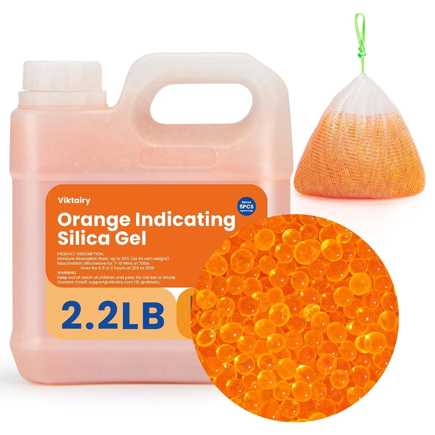 

2.2LBS Desiccant Beads, Premium Orange Indicating Reusable Silica Gel Beads Bulk, Industry Standard 3-5 mm Desiccant Dehumidifie
