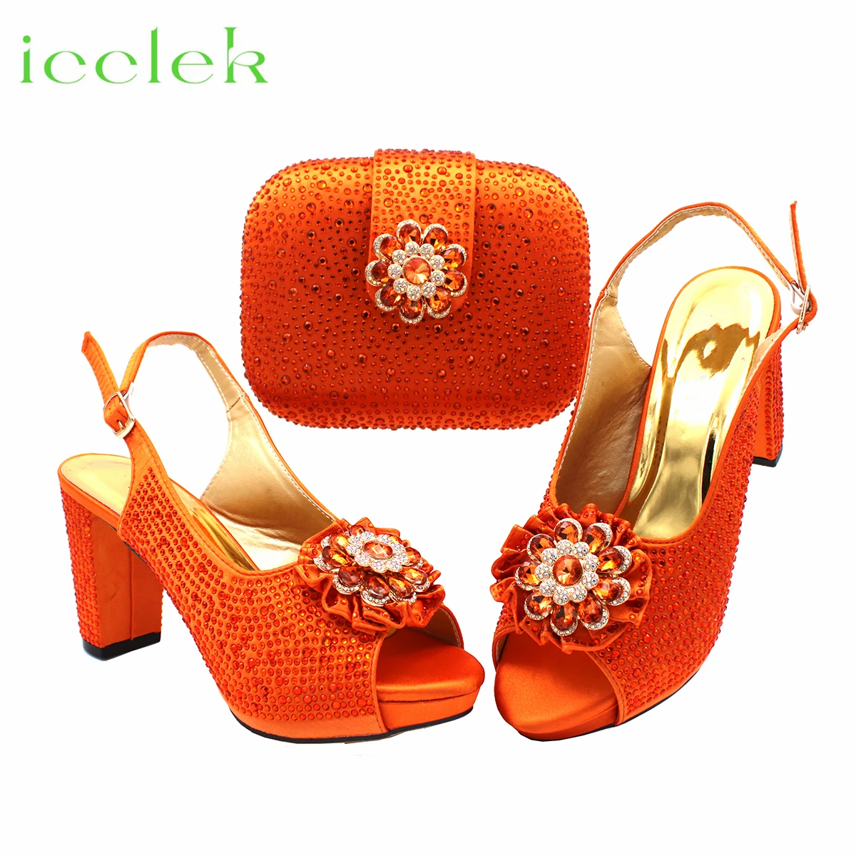 

2024 Orange Color Italian Design Super Heel Summer Rhinestones Design Ladies Sandal with Handalbag Set For Women Party