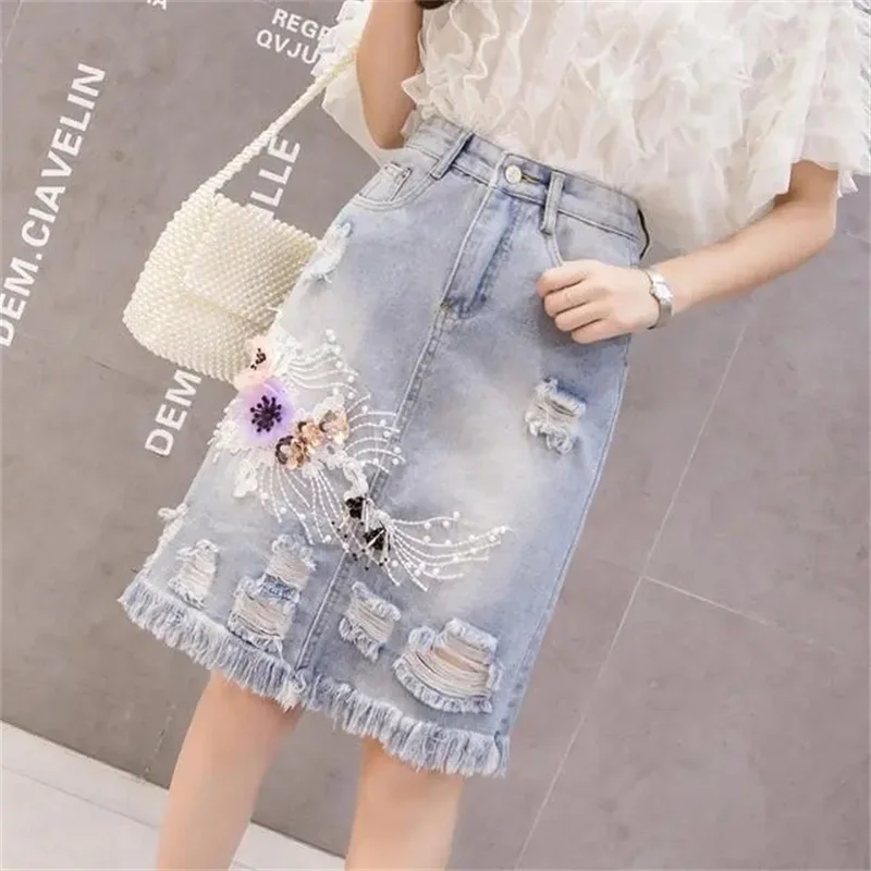 2024 Women's Denim Skirts Spring Summer High Waist Heavy Work Embroidery Flower Jeans Skirt Hole Cowboy Skirt