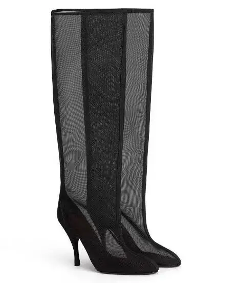 Women Black See‑Through Mesh Knee High Boots Pointed Toe Stiletto High Heel Mesh Transparent Long Boots Party Fashion Footwear