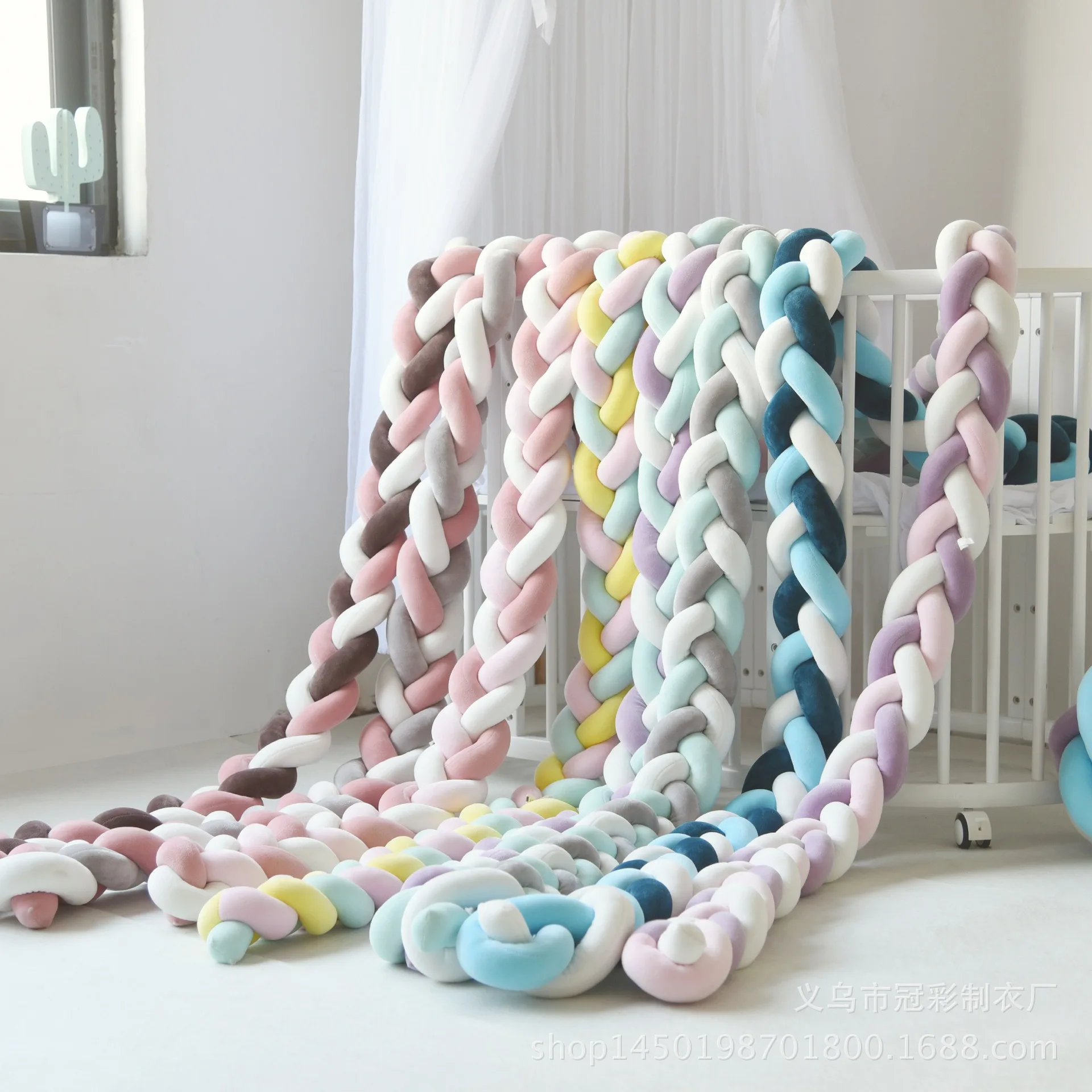 กันชนเตียงเด็ก 3 เบาะถัก Braid Knot กันชนกันชน Crib Protector เด็กตกแต่งห้อง