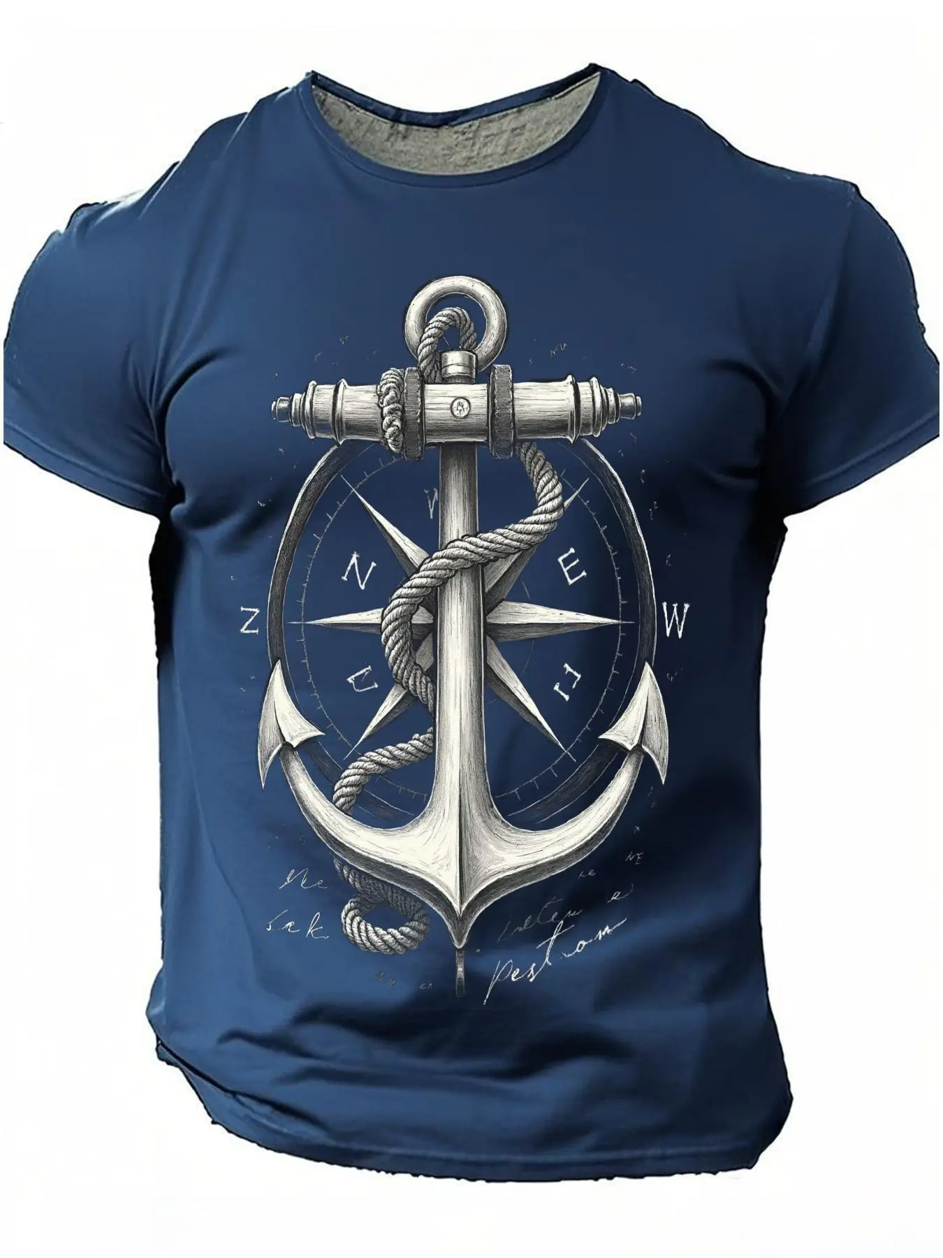Vintage Nautical Theme Anchor & Compass Graphic T-Shirt 100% Cotton O-Neck Short Sleeve Summer Casual Mens T-shirt Streetwear