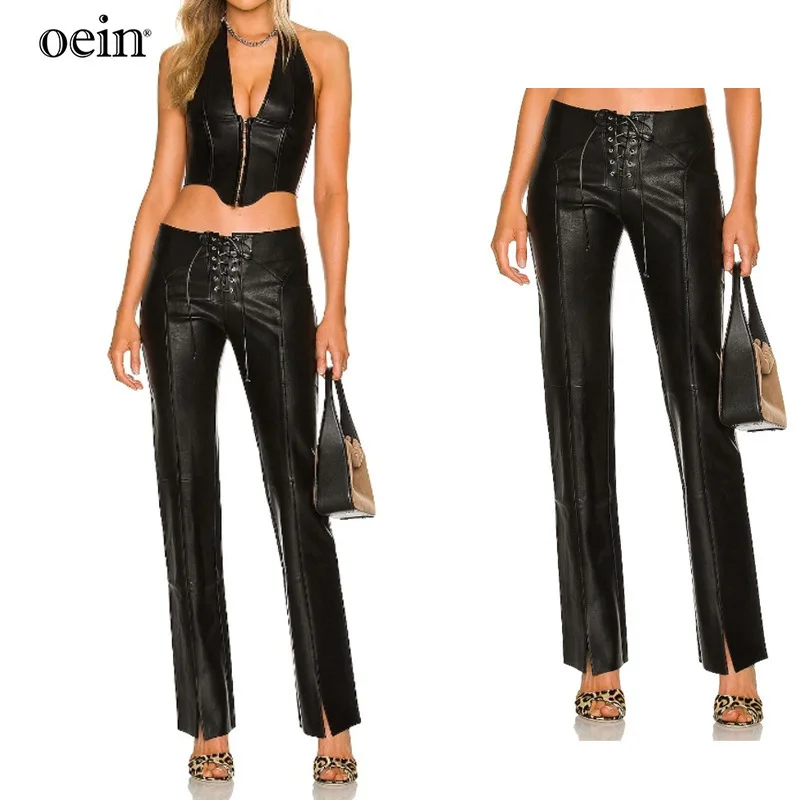 [oein] Superior | Black High Street Cool Stylish Functional Style Double Strap PU Leather Pants