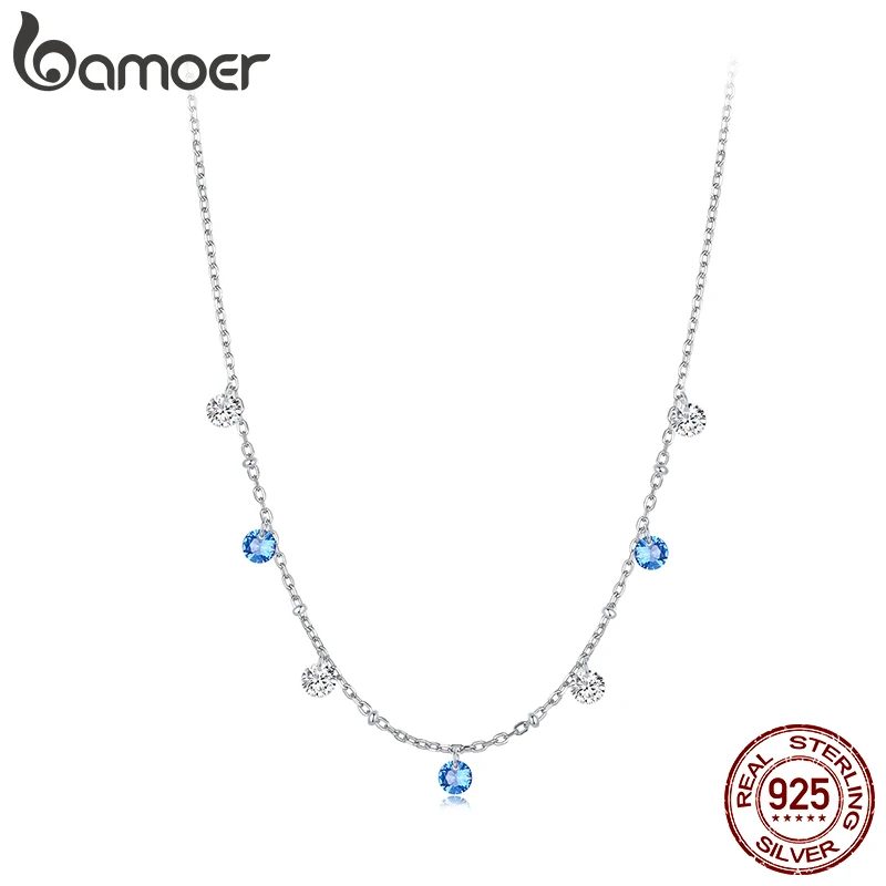 BAMOER 925 Sterling Silver Station Necklace, Simulated Diamond Star Necklace Women CZ Chain Choker Necklace BSN428