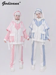 Mechanical Japanese Mine Water-colored Trousers Set Female Black and Purple Cool Hoodie Jacket Pants and Shorts Y2K Tracksuits