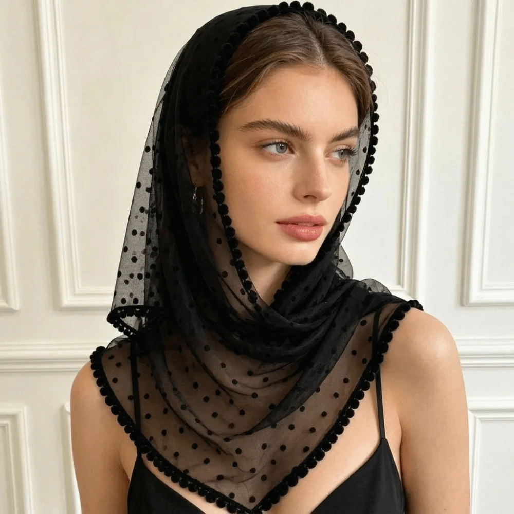 Solid Color White Bridal Triangle Veil Head Cover Black Tulle Mesh Scarf Head Gauze Polyester Polka Dot Triangle Shawl Wedding