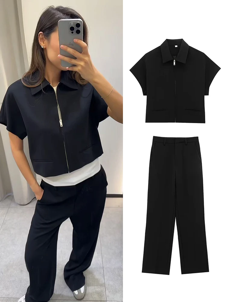 

TFMLN, лето 2025 г., женский однотонный топ, комплект брюк, модное повседневное пальто на молнии с короткими рукавами, топ, широкие брюки, наряды Hiigh Street