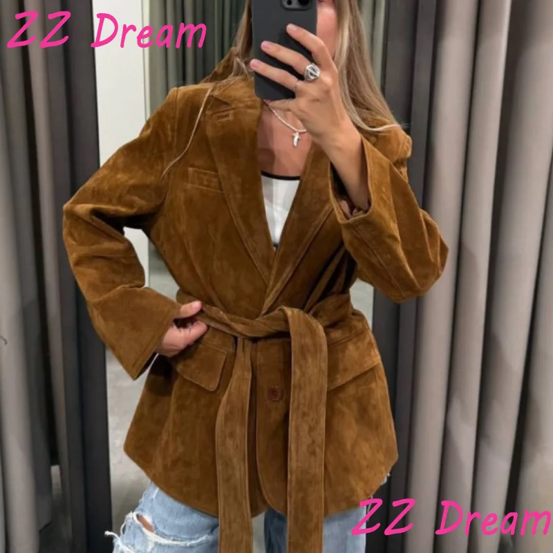 Women's Suede Jacket Solid Turn-Down Collar Long Sleeve Coats Waistbelt Pockets Female 2025 New Autumn Fashion Casual Outwears