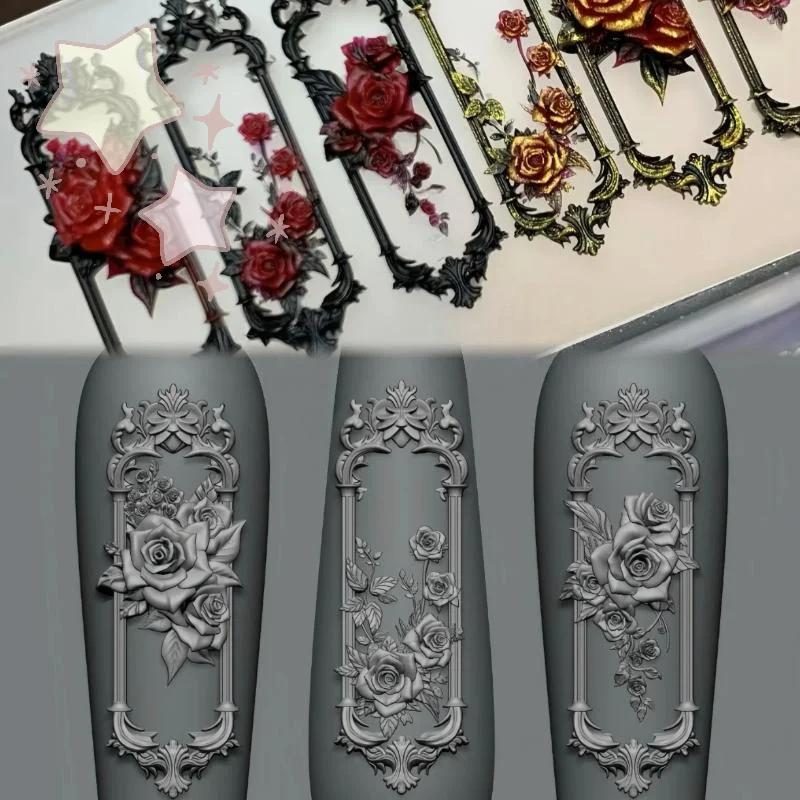 1pcs Retro 3D Nail Molds Window Frame Rose Flower Frame Nail Mold 3D Carving Silicone Template for DIY Manicure Decoration Tools