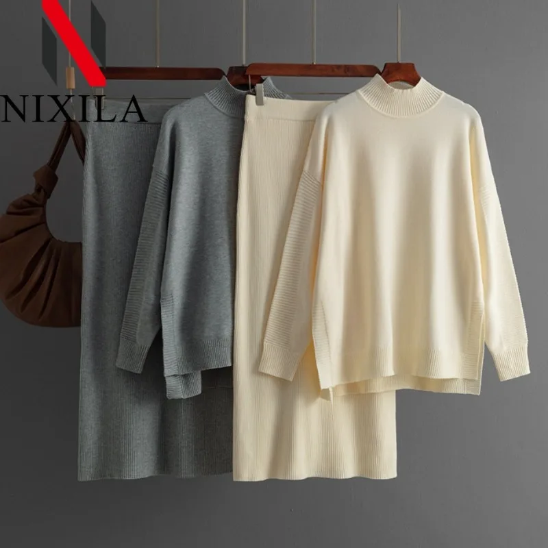 

Новинка осени и зимы, вязаная юбка-свитер, женский комплект из двух предметов, элегантный модный пуловер, длинное платье, комплекты для женщин, топы из 2 предметов