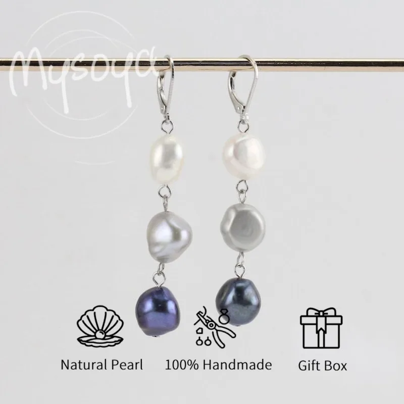 

MYSOYA White Gray And Black Three-Color Freshwater Pearl Earrings 8-9mm A Gift Box Birthday/Wedding/Christmas Gift For Her/Him