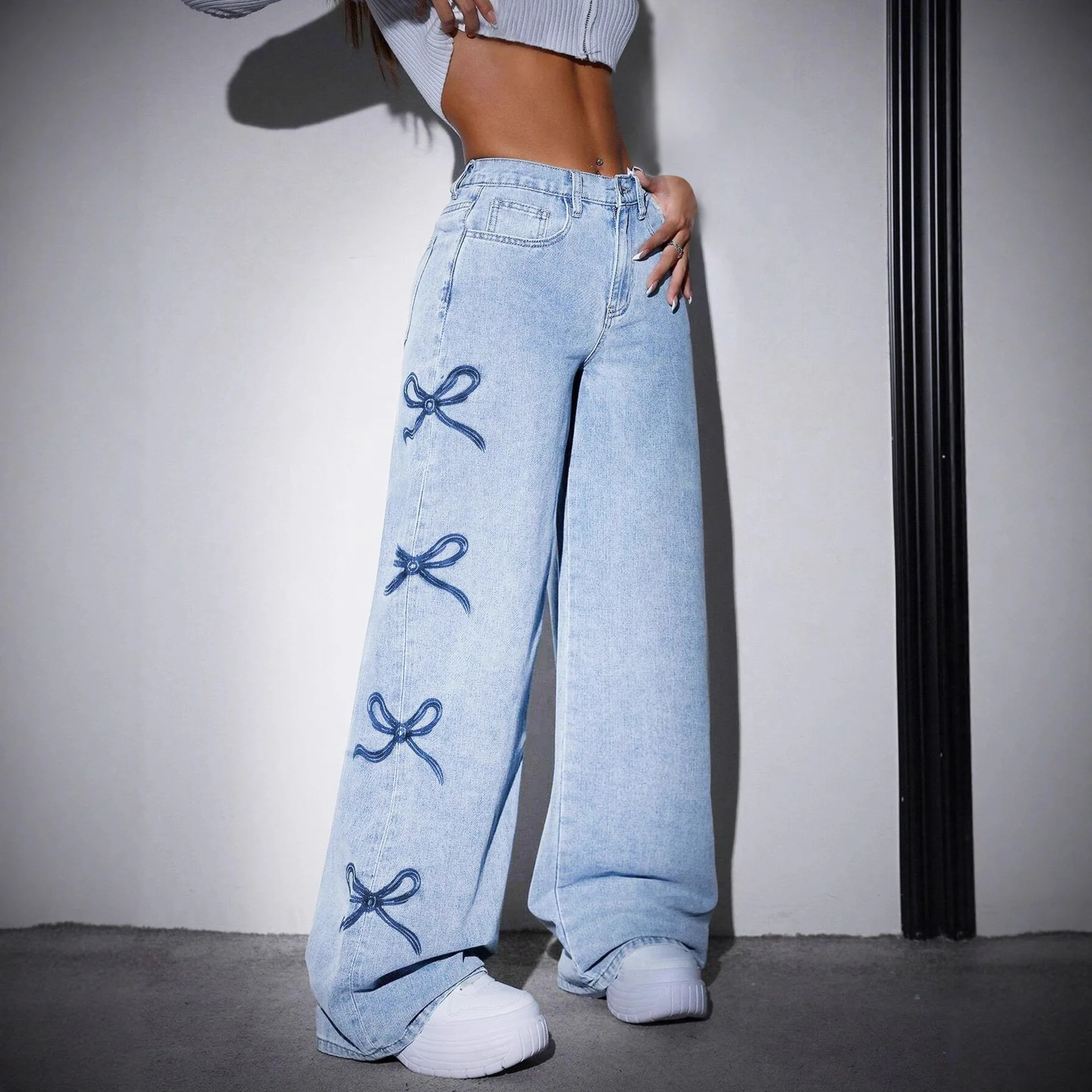 Women Butterfly Print Straight Wide Leg Jeans Washed Craft Loose Casual Denim Long Pants