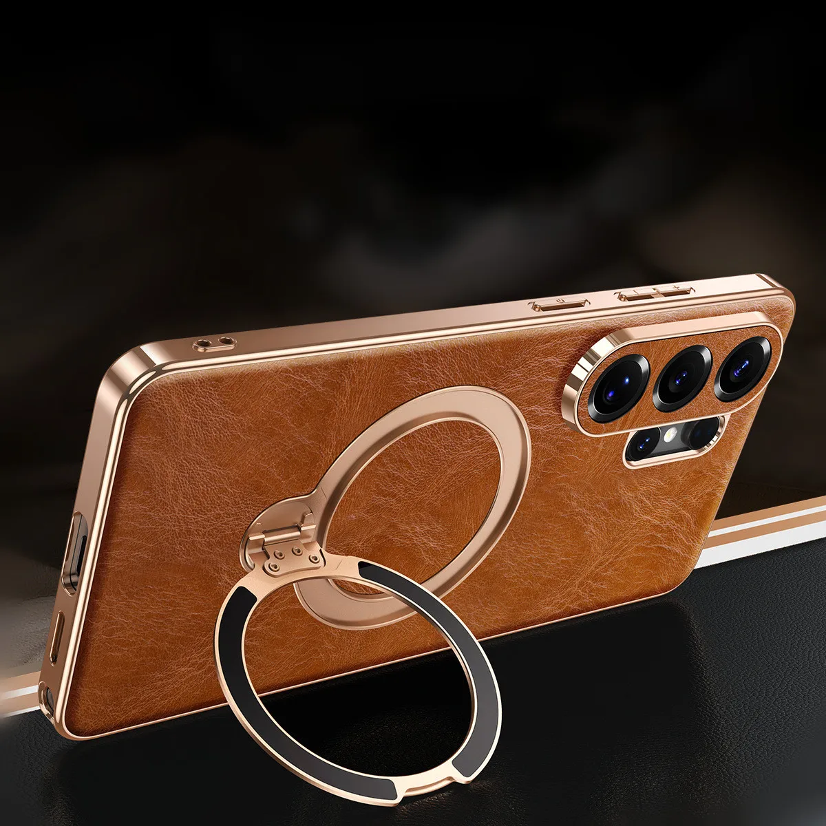 

Retro Genuine Oil Wax Leather Metal Magnetic 360 Ring Bracket Case For Samsung Galaxy S26 Ultra Glossy Frame For Magsafe Cover