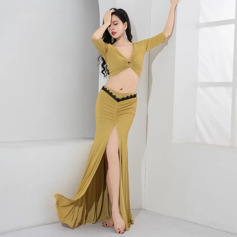 Customized Belly Dance Costumes Dress 2025 New V-neck Lace Edge Mid Split Fishtail Skirt Practice Clothing  Exotic Dancewear