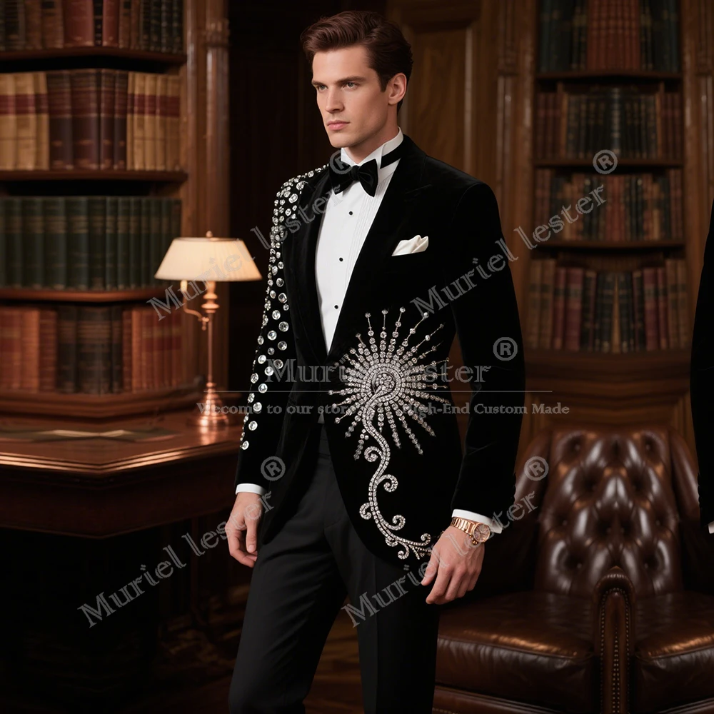 

Luxury Jewelry Stones Suit Man For Wedding Single Breasted Prom Tuxedos 2 Pieces Customized Groom Blazers trajes para hombre