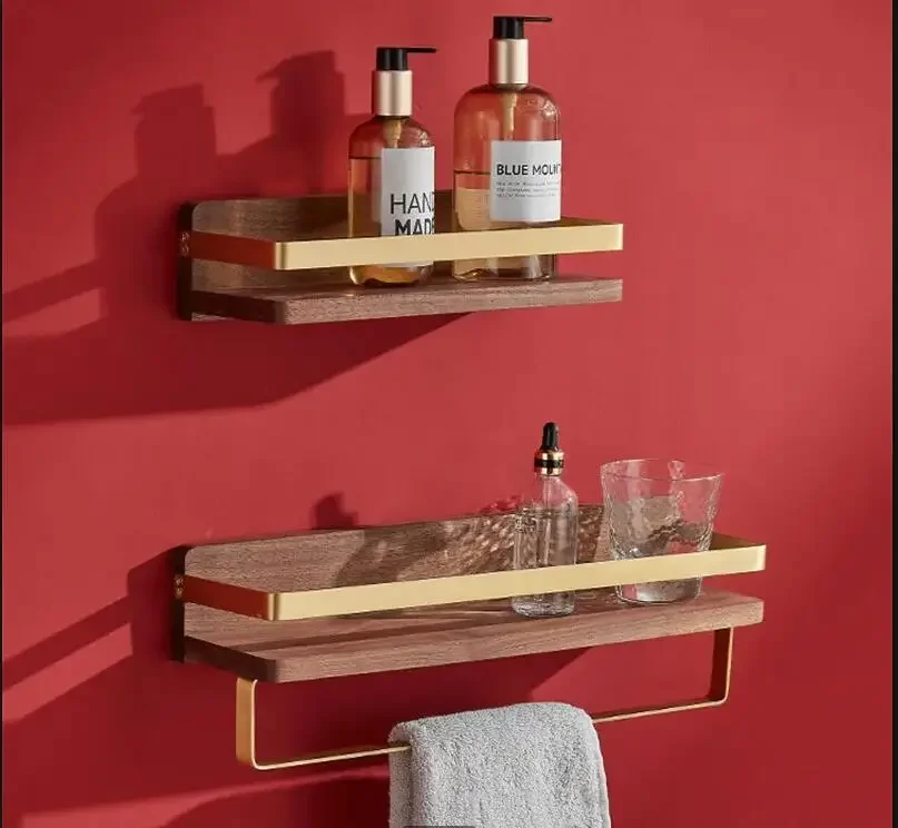 

Metal Solid Wood Shelf Bathroom Shelves Wall-mounted Storage Rack Towel Rack Towel Bar Hook Hanger Wall Shelf Bathroom Organizer